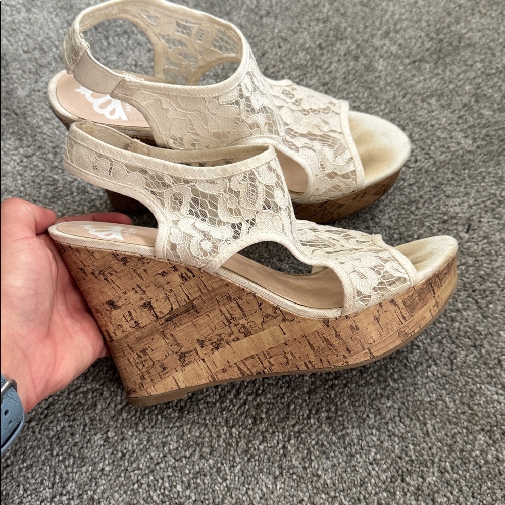 Fergie Cream Lace Wedge Sandals